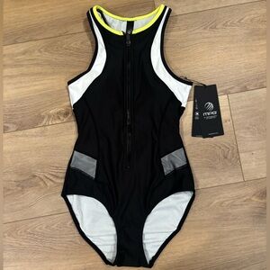 MPG Black One-Piece Zip Swimsuit with White Panels and Neon Yellow Trim